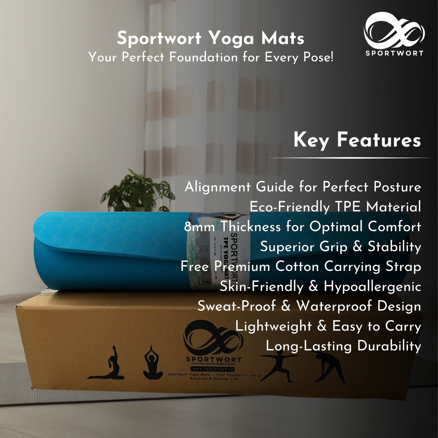 Sportwort 8mm TPE Alignment Yoga Mat | Non-Slip, Extra Thick Cushioning Mat for Yoga & Fitness – Aqua Blue
