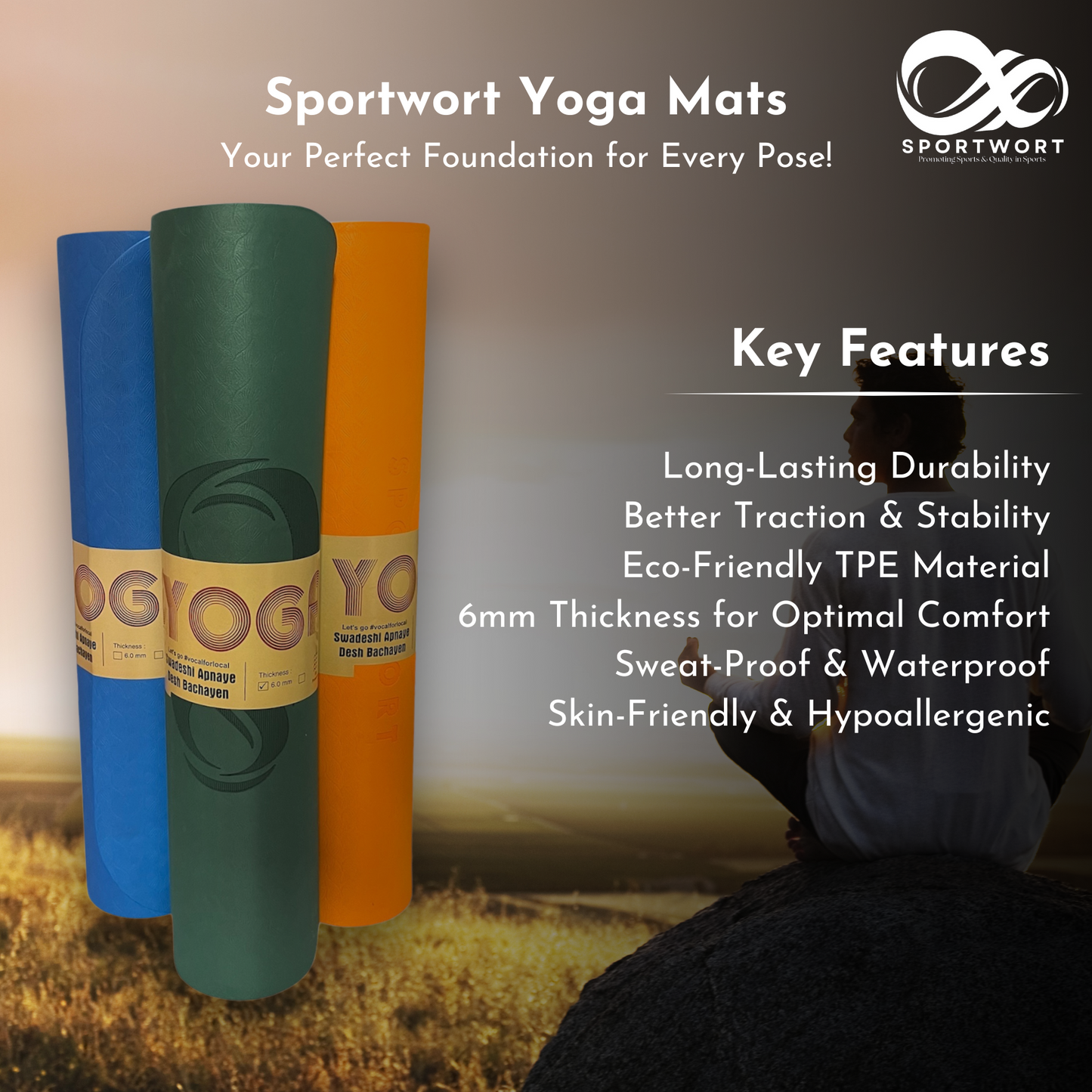 Sportwort Yoga Mat Sweatproof & Non-Slip, 6mm Thick TPE Eco-Friendly Material, For Women & Men (Orange)