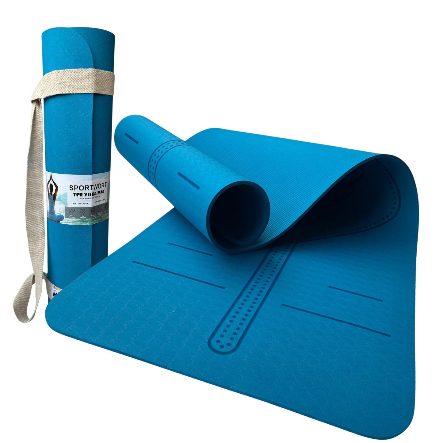 Sportwort 8mm TPE Alignment Yoga Mat | Non-Slip, Extra Thick Cushioning Mat for Yoga & Fitness – Aqua Blue