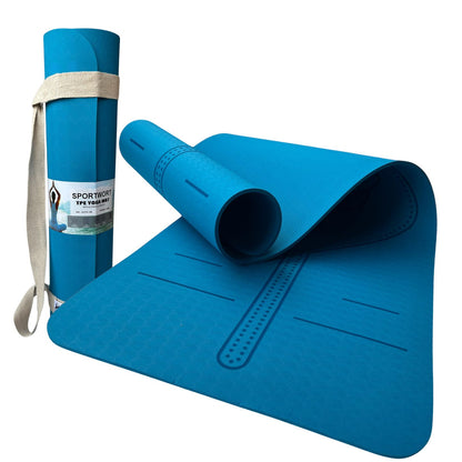 Sportwort 8mm TPE Alignment Yoga Mat | Non-Slip, Extra Thick Cushioning Mat for Yoga & Fitness – Aqua Blue