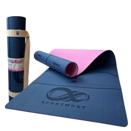 Sportwort 6mm TPE Yoga Mat with Alignment Lines | Dual-Tone Blue-Pink Non-Slip, Eco-Friendly, Waterproof Exercise Mat for Yoga, Pilates & Fitness
