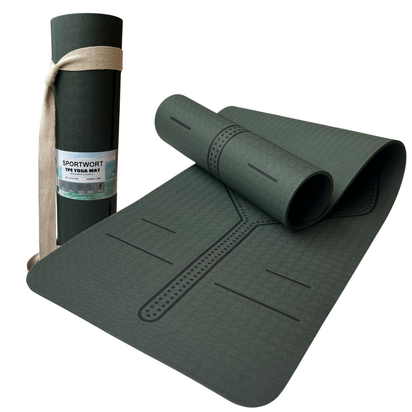 Sportwort 8mm TPE Alignment Yoga Mat | Non-Slip, Extra Thick Cushioning Mat for Yoga & Fitness – Olive Green