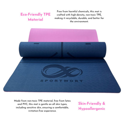 Sportwort 6mm TPE Yoga Mat with Alignment Lines | Dual-Tone Blue-Pink Non-Slip, Eco-Friendly, Waterproof Exercise Mat for Yoga, Pilates & Fitness