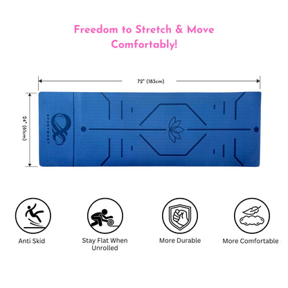 Sportwort 6mm TPE Yoga Mat with Alignment Lines | Dual-Tone Blue-Pink Non-Slip, Eco-Friendly, Waterproof Exercise Mat for Yoga, Pilates & Fitness