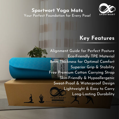 Sportwort 8mm TPE Alignment Yoga Mat | Non-Slip, Extra Thick Cushioning Mat for Yoga & Fitness – Aqua Blue