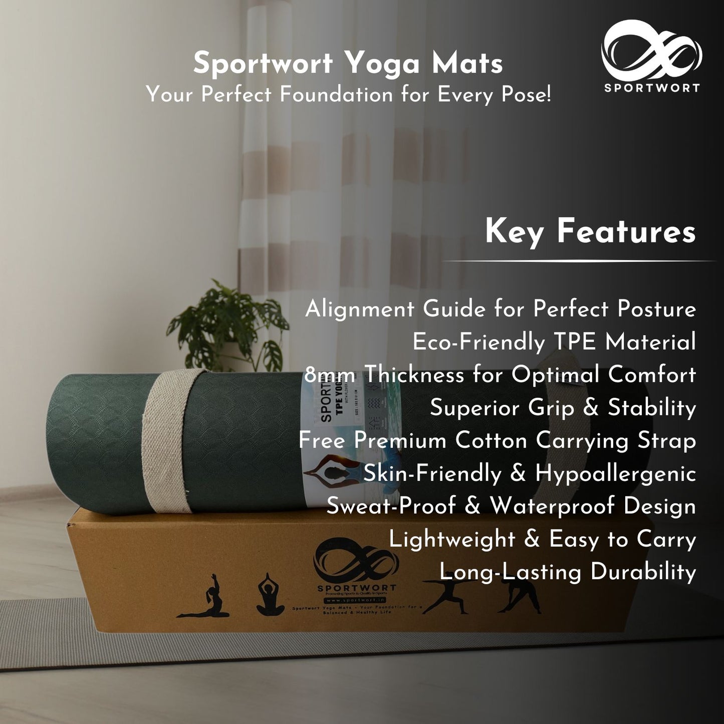 Sportwort 8mm TPE Alignment Yoga Mat | Non-Slip, Extra Thick Cushioning Mat for Yoga & Fitness – Olive Green