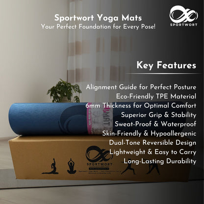 Sportwort 6mm TPE Yoga Mat with Alignment Lines | Dual-Tone Blue Non-Slip, Eco-Friendly, Waterproof Exercise Mat for Yoga, Pilates & Fitness (Copy)