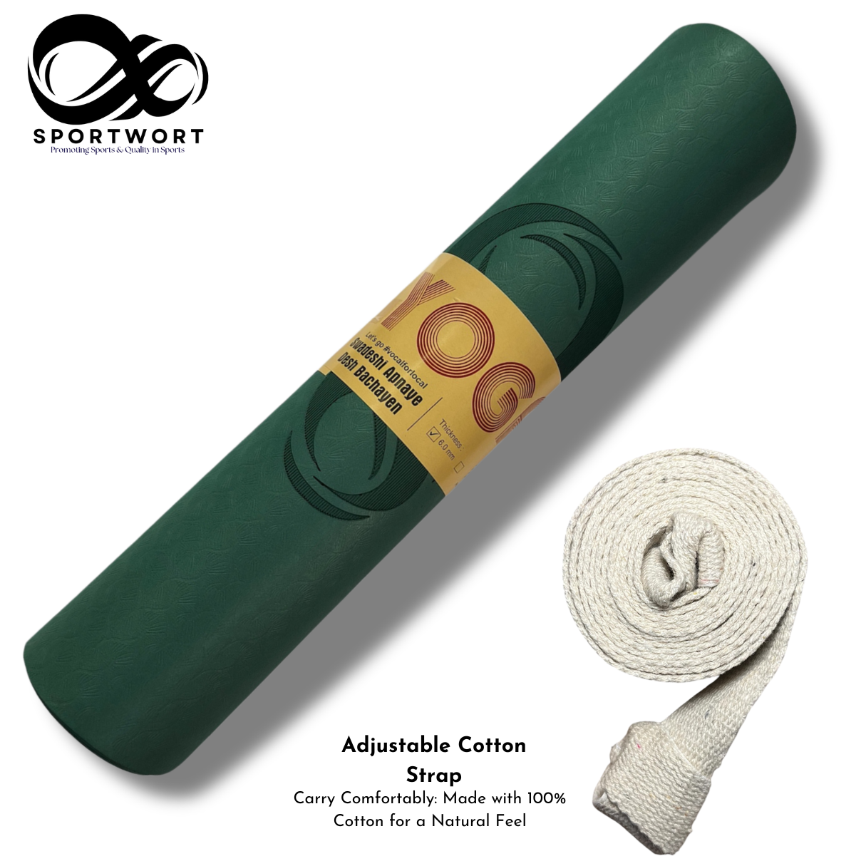 Sportwort Yoga Mat Sweatproof & Non-Slip, 6mm Thick TPE Eco-Friendly Material, For Women & Men (Army Green)