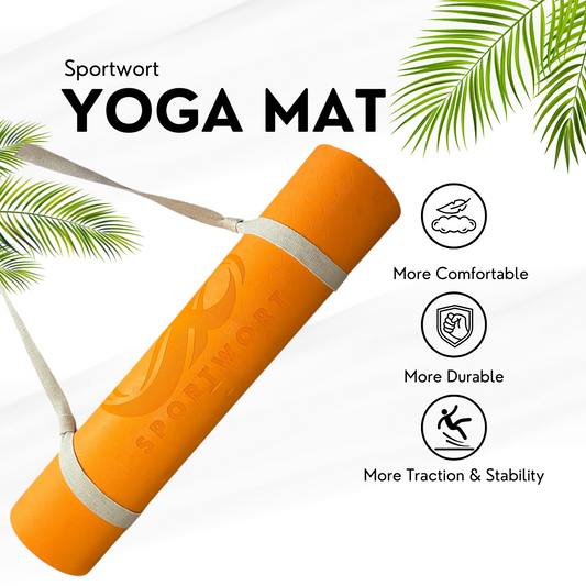 Sportwort Yoga Mat Sweatproof & Non-Slip, 6mm Thick TPE Eco-Friendly Material, For Women & Men (Orange)